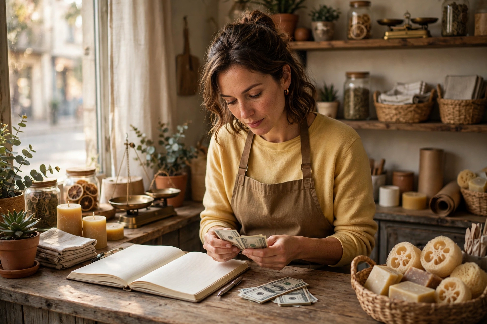 Microfinance for small businesses: owner reviewing cash and ledger